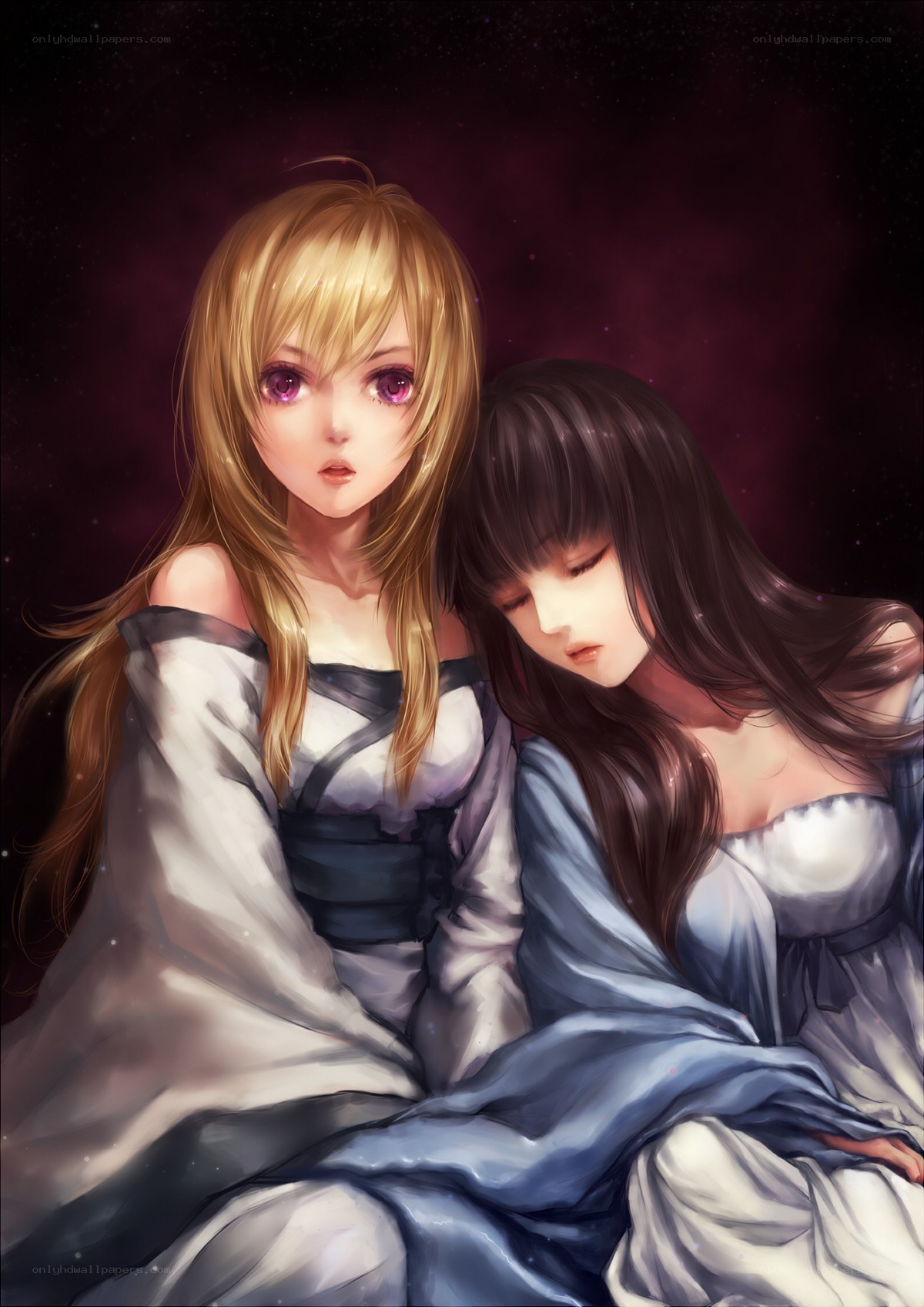 Two girls in a starry night