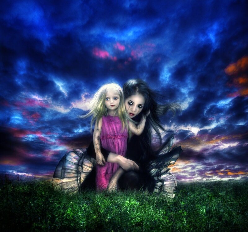two girls in a stormy field