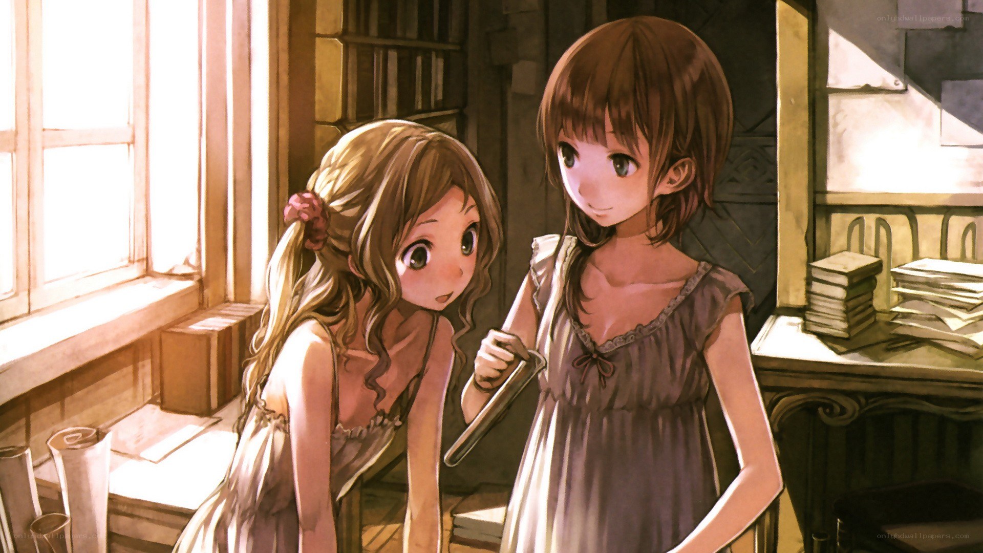two girls in a sunlit room