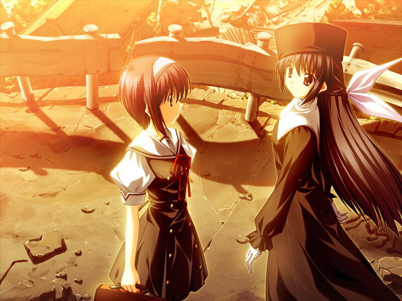 two girls in a sunlit ruin