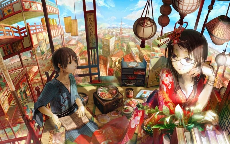 Two girls in a traditional Japanese setting