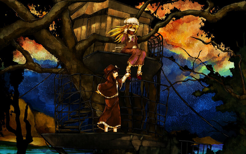 Two girls in a treehouse at night