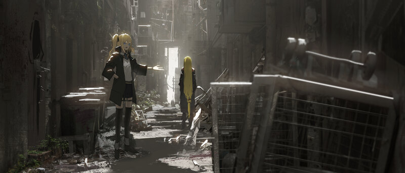 Two Girls in Alley — Gray, Dramatic