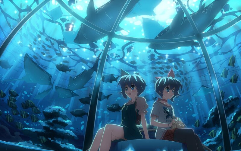 Two Girls in Aquarium — Blue, Serene, Anime, Fish, Rays