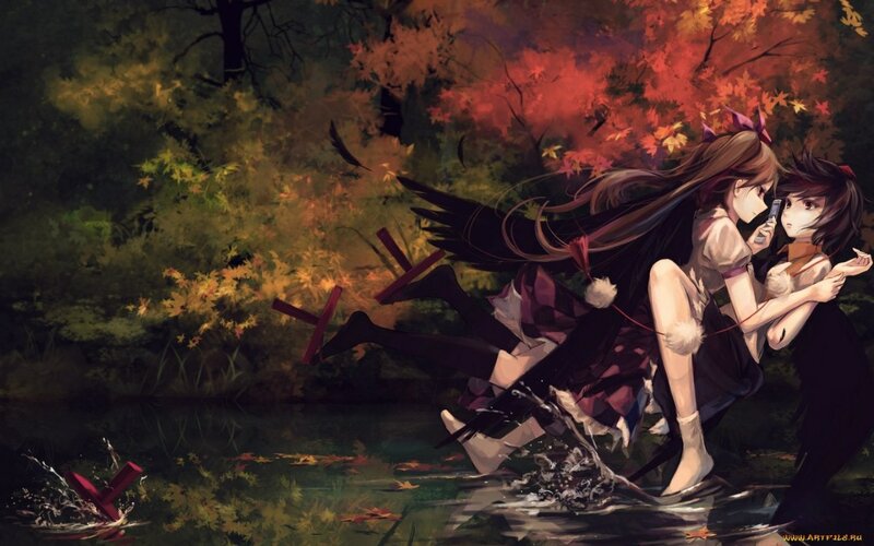 Two Girls in Autumn Forest — Red, Dramatic, Anime