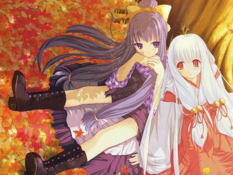 Two girls in autumn leaves