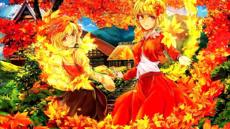 Two Girls in Autumn — Red, Serene, Anime, Maple Leaves