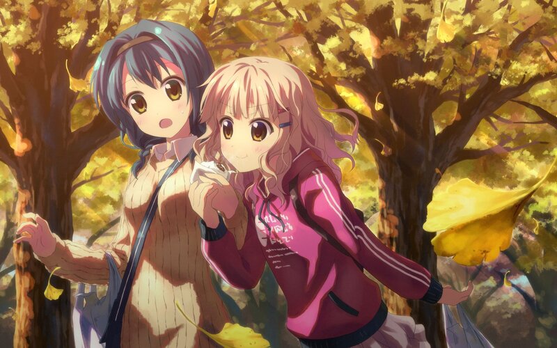 Two Girls in Autumn — Yellow, Peaceful, Anime, Trees, Leaves
