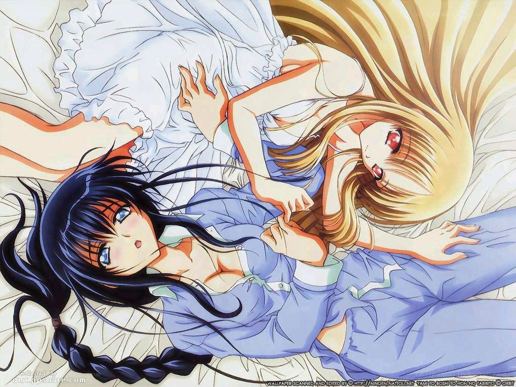 Two girls in bed anime scene