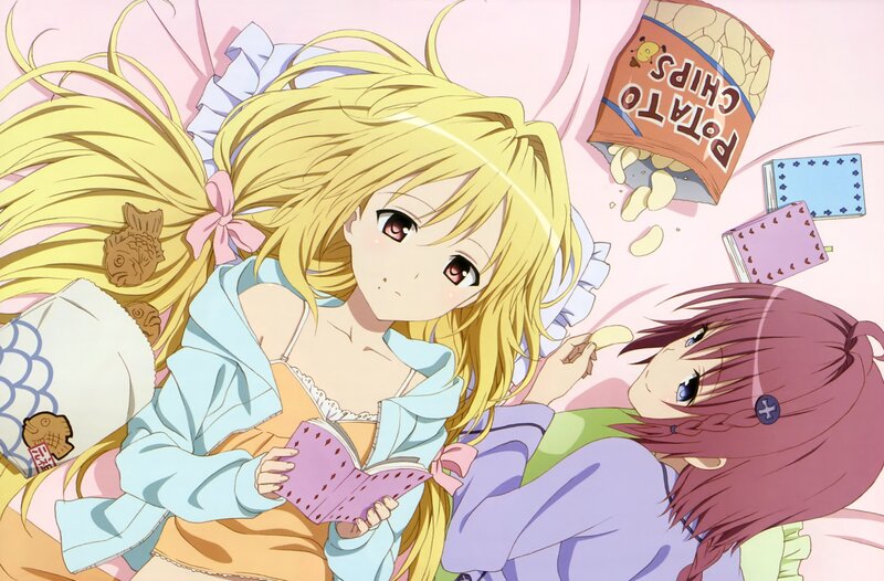 Two Girls in Bed — Pink, Relaxed