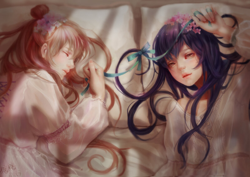 Two Girls in Bed — Pink, Serene