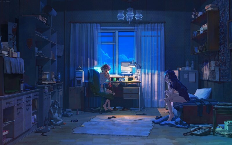 Two Girls in Bedroom — Blue, Melancholic