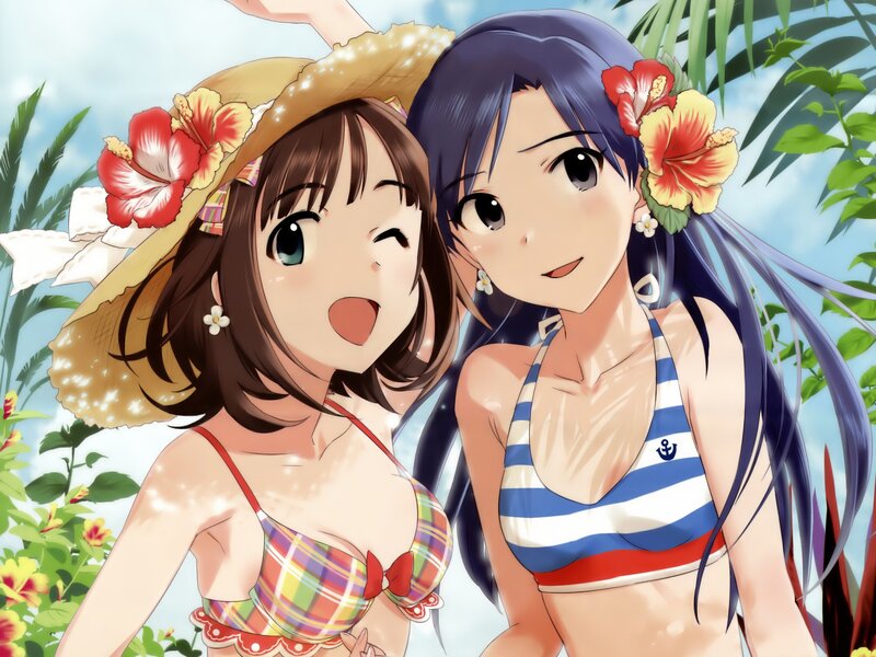 Two Girls in Bikinis — Blue, Cheerful, Summer, Anime, Flowers