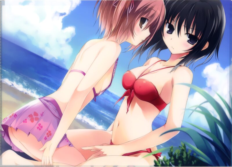 Two Girls in Bikinis — Blue, Serene, Afternoon, Anime, Beach, Ocean