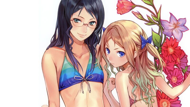 Two girls in bikinis with flowers