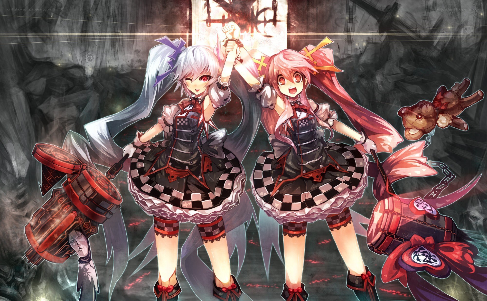 Two girls in checkered dresses