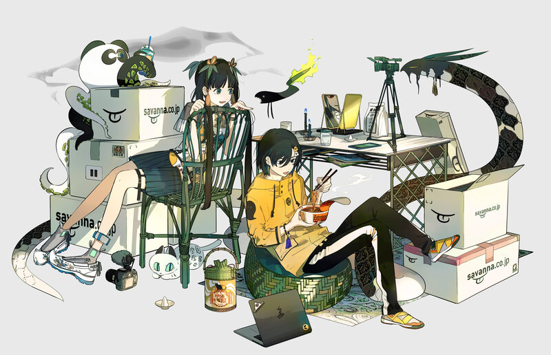 Two Girls in Cluttered Room — Green