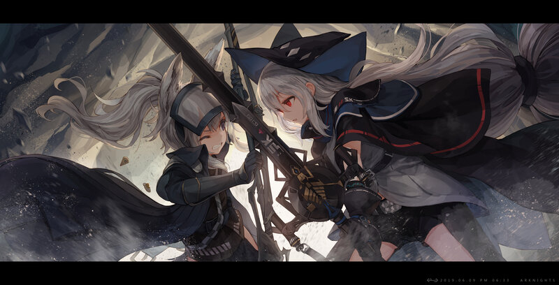 Two Girls in Combat — Gray, Dramatic, Digital Art