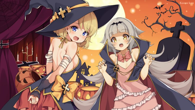 Two Girls in Costumes — Orange, Festive, Night, Anime