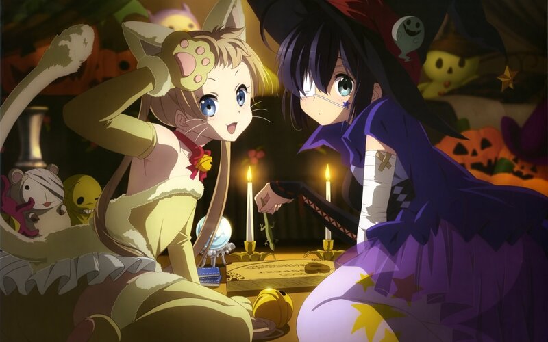 Two Girls in Costumes — Purple, Playful, Night