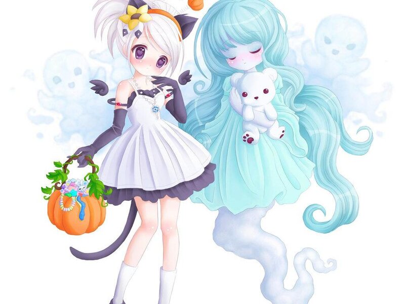 Two Girls in Costumes — White, Playful
