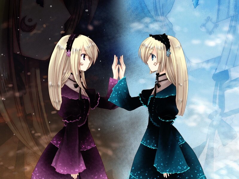 Two girls in dark dresses