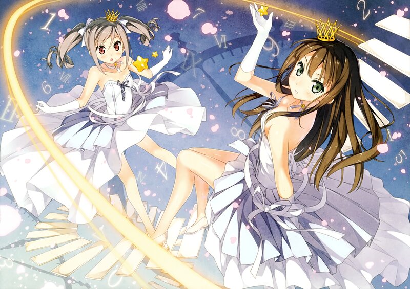 Two Girls in Dresses — Blue, Dreamy, Night, Anime, Clock, Stars