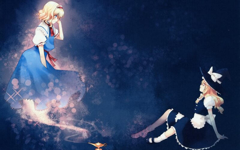 Two Girls in Dresses — Blue, Dreamy, Night, Anime, Lamp