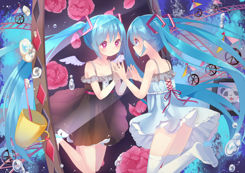 Two Girls in Dresses — Blue, Dreamy, Night, Digital Art, Mirror
