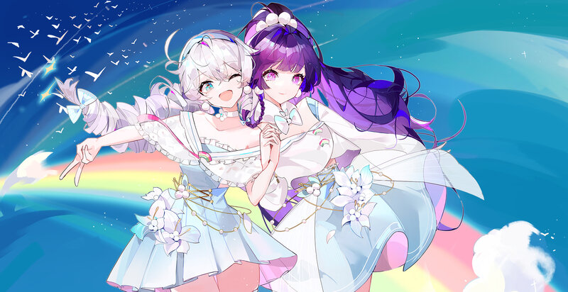 Two Girls in Dresses — Blue, Dreamy, Night, Digital Art, Rainbow
