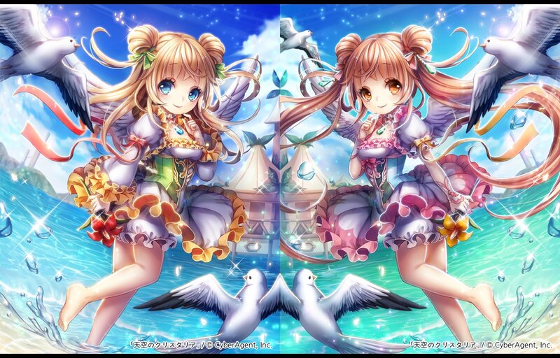 Two Girls in Dresses — Blue, Serene, Afternoon, Anime, Birds