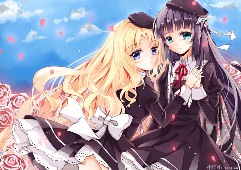Two Girls in Dresses — Blue, Serene, Afternoon, Anime, Roses