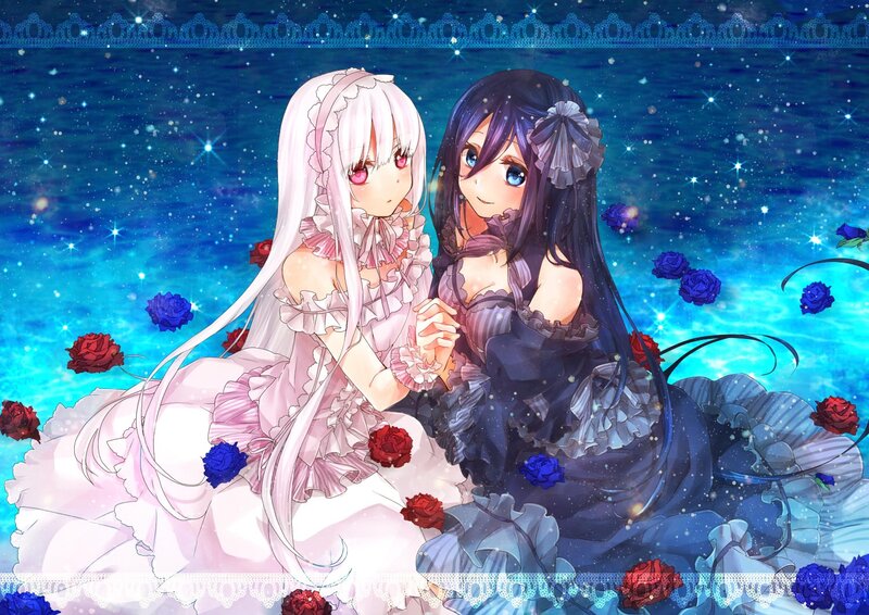 Two Girls in Dresses — Blue, Serene, Night, Anime, Roses
