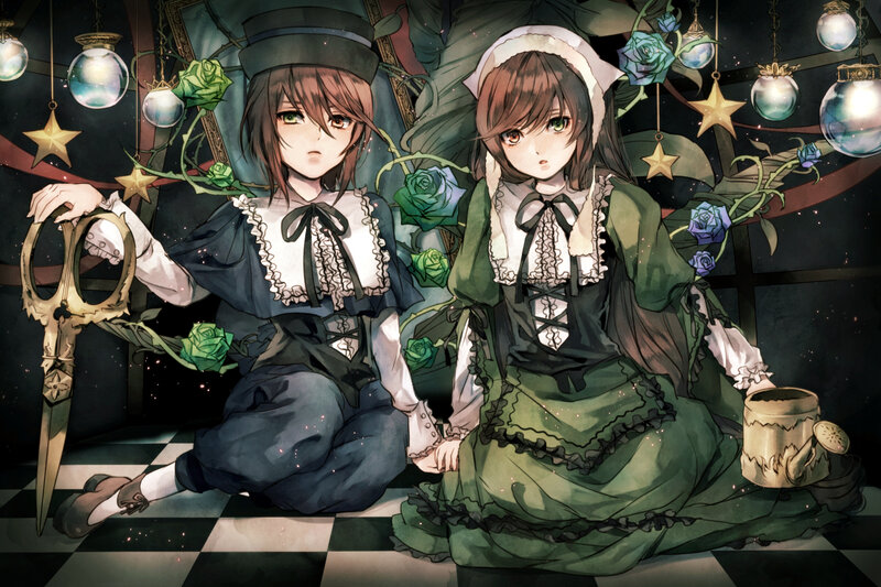 Two Girls in Dresses — Green, Dramatic, Night