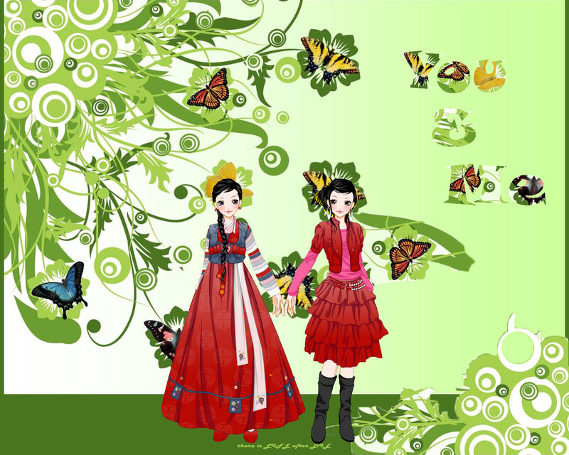 Two Girls in Dresses — Green, Playful