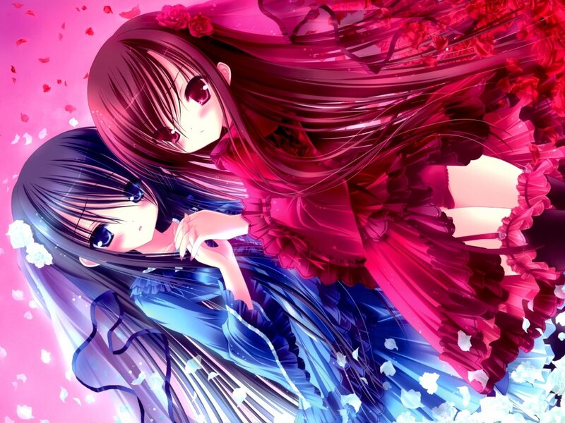 Two Girls in Dresses — Pink, Dreamy, Anime, Flowers