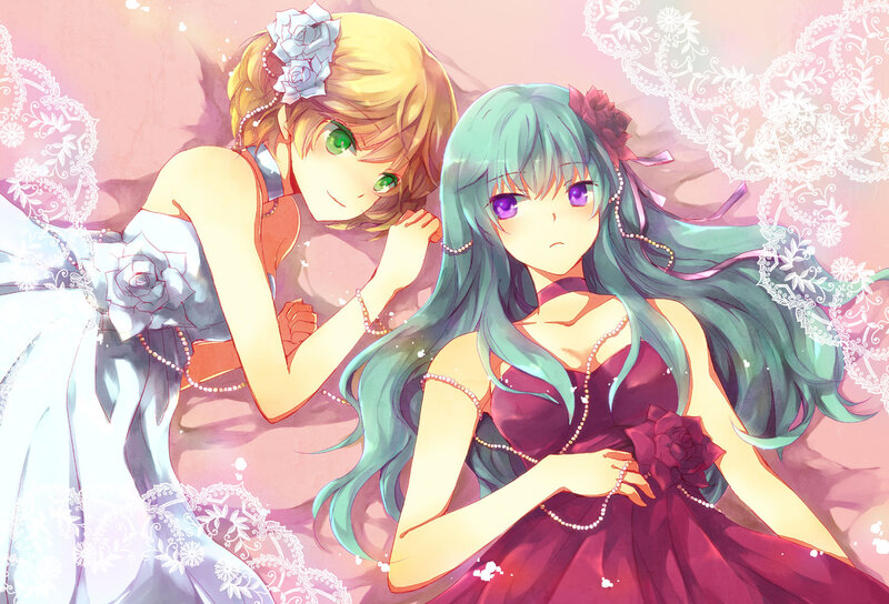 Two Girls in Dresses — Pink, Dreamy, Anime, Roses