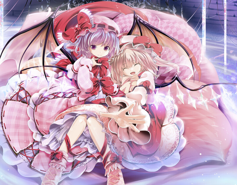 Two Girls in Dresses — Pink, Dreamy, Anime, Wings, Pillows