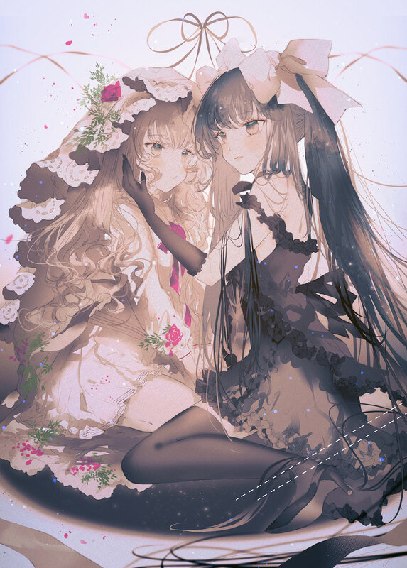 Two Girls in Dresses — Pink, Dreamy, Digital Art, Bows