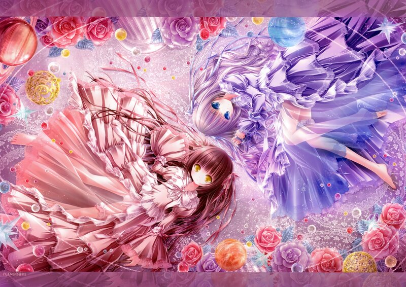 Two Girls in Dresses — Pink, Dreamy, Digital Art, Roses