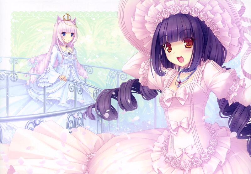 Two Girls in Dresses — Pink, Dreamy, Spring, Anime, Flowers
