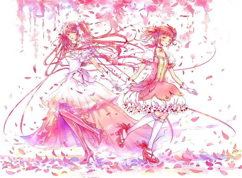 Two Girls in Dresses — Pink, Dreamy, Spring, Anime, Petals