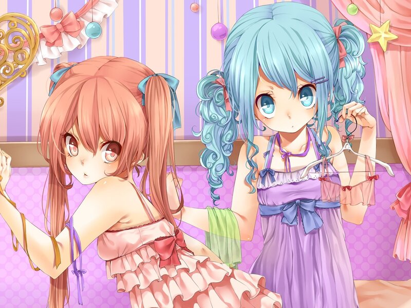 Two Girls in Dresses — Pink, Playful, Anime, Hangers