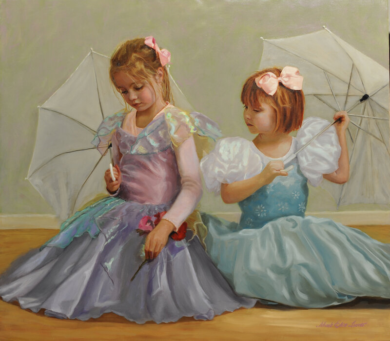 Two Girls in Dresses — Purple, Calm, Painting