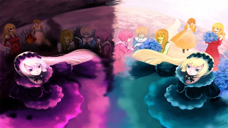 Two Girls in Dresses — Purple, Dramatic, Digital Art, Flowers