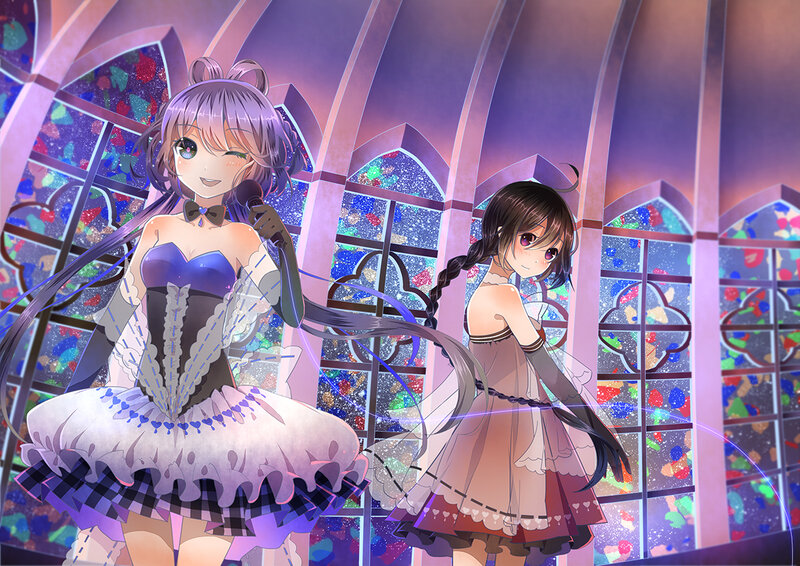 Two Girls in Dresses — Purple, Dramatic, Night, Anime, Microphone