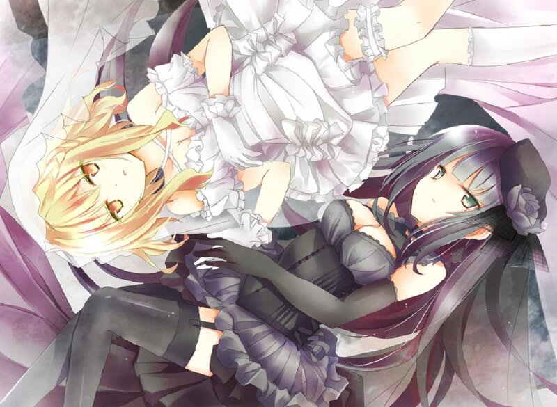 Two Girls in Dresses — Purple, Dreamy, Anime, Long Hair, Flowers