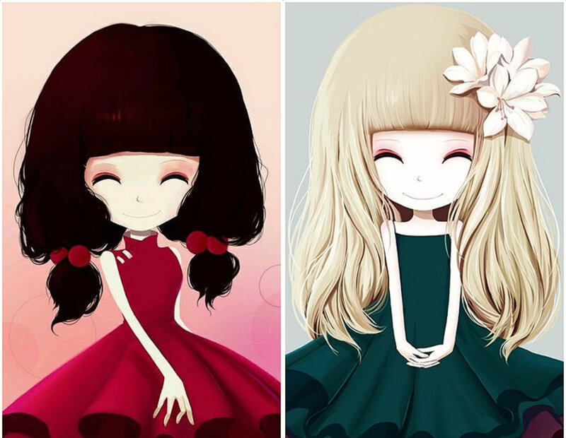 Two Girls in Dresses — Red, Cheerful, Digital Art