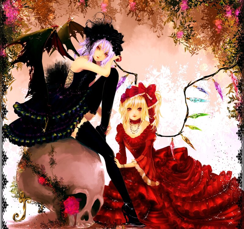 Two Girls in Dresses — Red, Dramatic, Digital Art