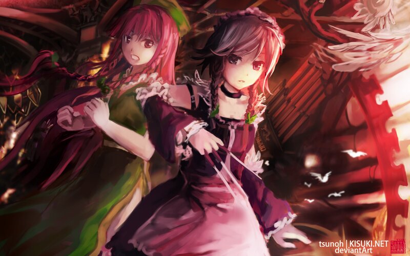 Two Girls in Dresses — Red, Dramatic, Digital Art, Wings